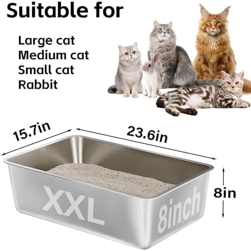 Stainless Steel Litter Box,Metal Litter Box for Big Cats 8IN Deep