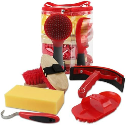 Horse Grooming Kit, 9-Piece Horse Brush Set with Tote Bag, Red