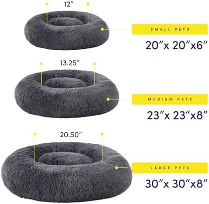 Dog & Cat Bed: Round Faux Fur Pet Bed - Plush, Cozy, & Calming Donut Bed for Medium Pets - Soft & Comfortable Sleeping Cushion for Napping & Lounging, 23" Round, Dark Gray
