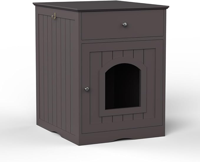 Large Wood House for Cats Litter Box Enclosure Furniture Hidde Out Box with Cabinet Drawer Indoor Pet House Side Table Wooden Crate (Brown)