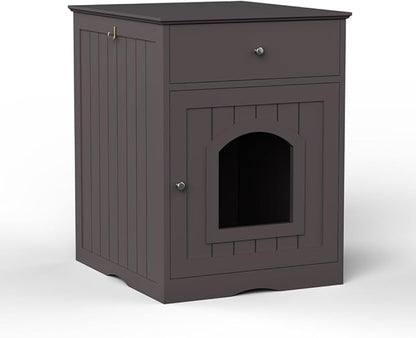 Large Wood House for Cats Litter Box Enclosure Furniture Hidde Out Box with Cabinet Drawer Indoor Pet House Side Table Wooden Crate (Brown)