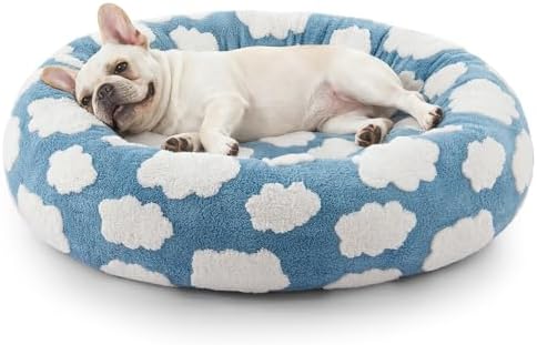 JOEJOY Jacquard Donut Round Small Dog Beds,Blue 23x23x7in, Removable Washable Cover, Cute Pattern, Ultra Soft Fluffy Calming Pet Bed with Thick Supportive Bolster