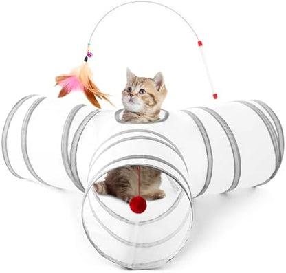 Tempcore Cat Tunnel, 3-Way Collapsible Toy for Indoor Cats, White & Grey