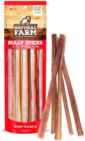 Natural Farm Odor-Free Bully Sticks (12”, 8oz) All-Natural Long-Lasting Chews, 100% Beef Pizzle, Grass-Fed, Grain-Free, Hormone-Free, Protein for Muscle Development & Energy, Perfect for Large Dogs