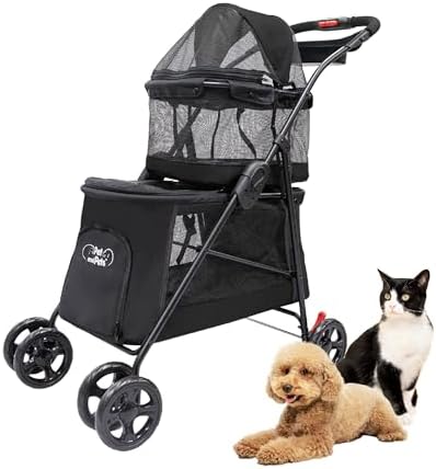 Double Decker Pet Stroller - Black: Dual Bassinets for Multiple Pets, Removable Pee Pads, Adjustable Leashes, Mesh Windows, Swivel Wheel, One-Hand Fold, Lightweight, for Small/Medium Dogs/Cats/Pets