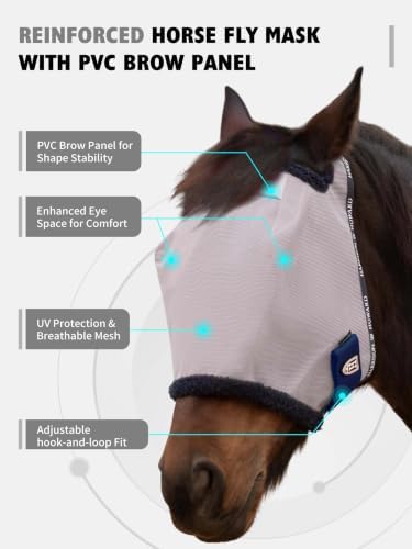 Harrison Howard Reinforced Horse Fly Mask with Mirror PVC Brow Support, Enhanced Eye Space, UV Protection Original Grey S