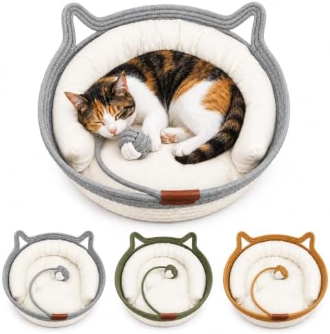 Instinct Cat Basket Bed, Handwoven Cotton Rope Cat Bed with Toy Ball and Cat Ear Handles, Breathable Scratch-Friendly Round Woven Basket for Indoor Cats and Kittens Grey