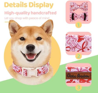 Dog Collars, Pink Bow Print Cotton Collar Adjustable Light Plastic Buckle Collar with Bow Pet Collar Gift for Small Dogs