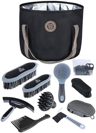 Harrison Howard Horse Grooming Kit 9 Piece with Tote, Non-Slip Silicone Grip Brush Set for Horses, Shedding Bathing Daily Care, Beginner Friendly Black