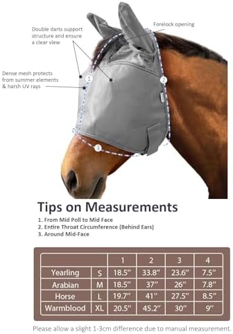 Harrison Howard UV-Proof Multi-Function Fabrics Thick Fleece Padding Horse Fly Mask Half Face with Ears Original Grey Horse Large