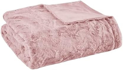 Madison Park Zuri Faux Fur Reversible Throw Blanket, 50 x 60 in, Blush