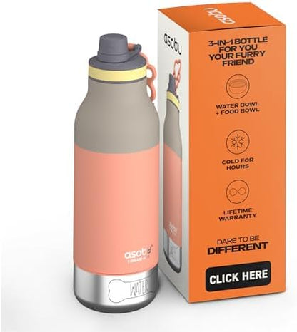 asobu Barky Bottle a Stainless Steel Insulated Water Bottle for with Removable Dog Water Bowl and Dog Food and Treat Storage Bowl (Pastel Peach, 34 Oz)