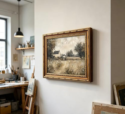 Vintage Gold Framed Wall Art, Country Cottage Landscape Oli Painting Canvas Print, Retro Neutral Rural House Picture Wall Decor, Rustic Farmhouse Poster Artwork for Nursery Bedroom Living Room