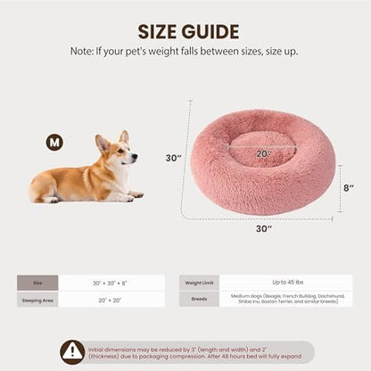 Donut Dog Bed Medium Size Dog, Round Cat Beds for Small Medium Dogs and Cats with Washable Fluffy Faux Fur, Cute Comfort Pet Bed with Anti-Slip Bottom, Pink, 30"