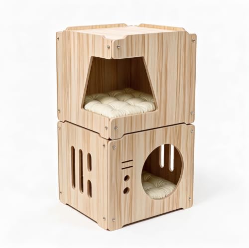 Large 2double-Deck Cat Fort with Mat for Pet Cat Cave for Indoor Cats Cat House for Multi Pet Large Kitten Kitty Cat Bed Wooden Style 15 * 15 * 30 inches (cat shlter 2layer with mat Burlywood)