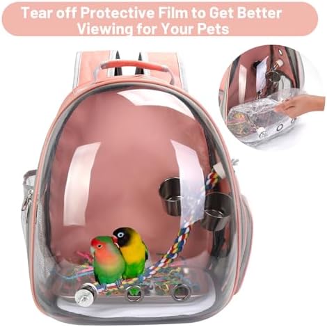 Bird Backpack Carrier, Travel Bird Cage for Small Medium Size Parrot Parakeet Budgies Cockatiel, Portable Clear Bubble Window Bag with Stainless Steel Tray Food Bowl Standing Perch (Pink)