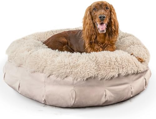 Best Friends by Sheri Ultra Calming Pouf Bed, Orthopedic Round Dog Bed for Joint Support, Faux Fur, Washable Cover, Tan, Large, 36"x36"