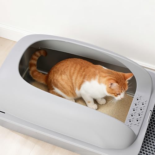 OLIXIS Stainless Steel Large Cat Litter Box with Lid, High Wall Sides