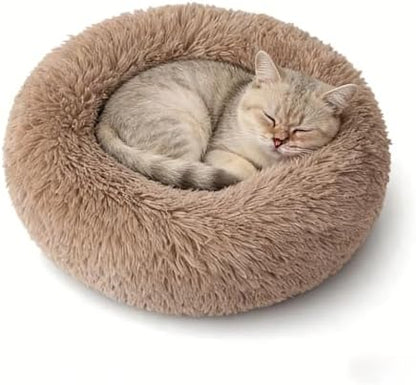 SALAN Calming Dog Bed for Small Dogs & Indoor Cats, 20 Inch Donut Pet Bed, Washable Round Fluffy Plush Faux Fur Cushion with Raised Rim & Anti-Slip Bottom, Soft Cozy Bed Fits Pets Up to 25 lbs (Khaki)