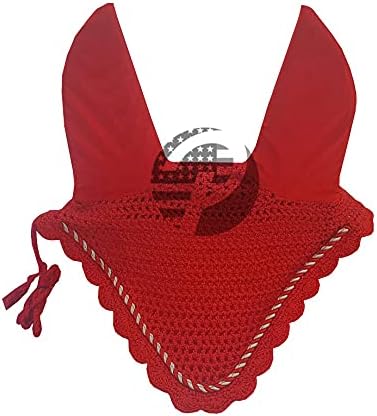 Horse Ear Bonnet Fly Veil Crochet Equestrian with Piping 30 Color Full/COB/Pony (Large/Full, RED)