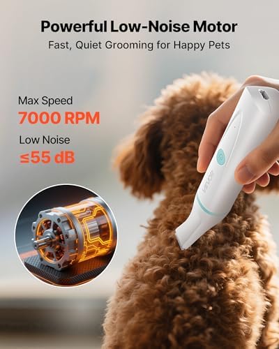 VEVOR Dog Clippers for Grooming, 4 in 1 Dog Grooming Kit, Low Noise, Rechargeable Pet Shaver with 6 Combs & 4 Detachable Blades, Waterproof Cordless Pet Hair Trimmers Nail Grinder Set for Dogs Cats