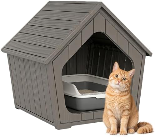 Cat Litter Box Enclosure, Hidden Covered Litter Box Furniture with Air Holes, Resin Outdoor Cat House Weatherproof, Wide Opening Design for Easy Cleaning, Grey