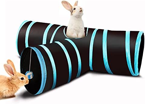 SunGrow 3-Way Ferret & Rabbit Tunnel, Bunny Hideout Activity Tube with Peep Hole and Crinkle Ball, Accessories for Hiding, Resting for Dwarf Rabbits Bunny Kitty Guinea Pig, Turquoise and Black