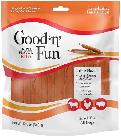 Good 'n' Fun Triple Flavor Ribs Chews for All Dogs, Treat Your Dog to Long-Lasting Chews Made with Beef Hide, Chicken and Pork Hide, 12 Ounces (Pack of 3)