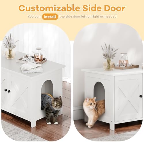 Shintenchi Cat Litter Box Enclosure, Litter Box Furniture Cabinet Hidden with Removable Divider, Wooden Cat House with End Table, White, 31.5 inch