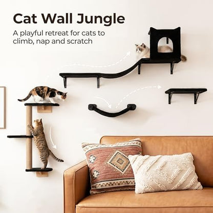 Wall Mounted Cat Furniture Set of 4 – 4 in 1 Cat Wall Shelves with Hammock, Bridge, Climbing Tree & Perch – Shelves for Large Cats, Holds Up to 30 lbs, Indoor Playground