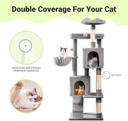 Allewie 64 Inches Multi-Level Cat Tree Tower for Indoor Cats, Grey