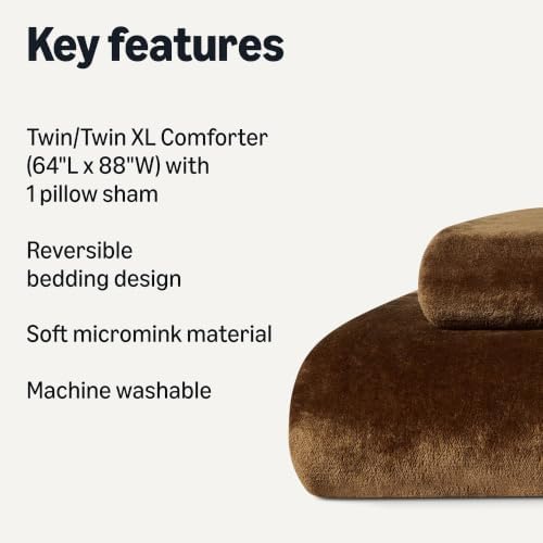 Amazon Basics Reversible Sherpa Comforter Set with Pillow Sham, Down Alternative, Warm, Twin/Twin XL, Brown
