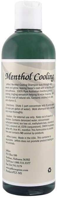 Jeffers Equine Menthol Cooling Horse Shampoo, 16 oz - Concentrated Horse Shampoo for Cleaning, Deodorizing & Conditioning Coat, Mane & Tail with 100% Pure Australian Menthol, Coconut Oil & Aloe Vera