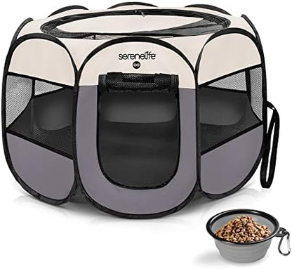 SereneLife On-The-Go Foldable Portable Pet Tent 8-Panel Playpen for Dog & Cat w/Food/Water Bowl, Mesh Exercise Puppy Playground, Pet House Indoor & Outdoor, Travel & Camping Pet Kennel (Grey, Medium)