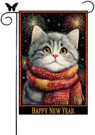 Happy New Year Garden Flag 12x18 Double Sided Vertical Linen Small Fireworks American shorthair Cat House Flag Welcome Holiday Winter House Outdoor Outside Decorations (27172)