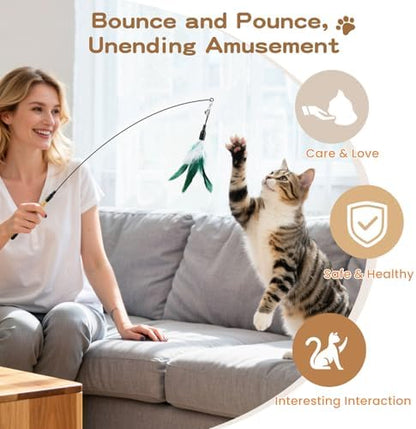 Pawaboo Cat Feather Wand Interactive Toy, 10 Feathers + 1 Wand with Bell
