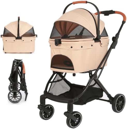 Pet Stroller with Detachable Carrier, Foldable Dog & Cat Stroller