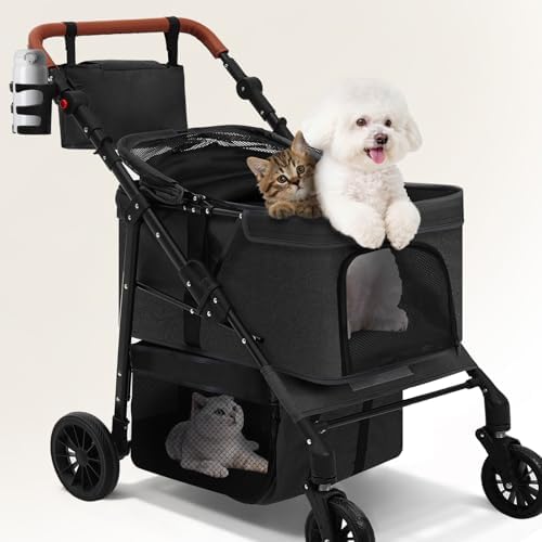 Dog Stroller for Small Pets, All-Terrain 4-Wheel Cat & Dog Carrier with 360° Front Wheels, Adjustable Handle & Canopy|Cup Holder & Storage Basket|Foldable in One Step|Ventilated Design for Comfort