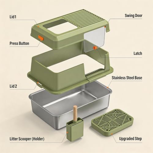 Extra Large Enclosed Stainless Steel Litter Box with Lid，Side Entry Top Exit High Sided Metal Cat Litter Pan，Non-Stick Easy Cleaning Anti-Urine Leakage for Big Cats，Includes Scoop & Step, Green