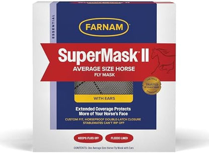 Farnam SuperMask II Horse Fly Mask with Ears, Extended Coverage Equine Fly Protection, Protects Eyes from Insects, Debris & UV, Adjustable Throat Latch, Plush Fleece Trim, Average Size (Pack of 2)