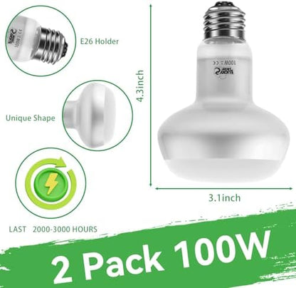 LUCKY HERP Intense Heat Lamp Bulbs for Reptiles 100W 2 Pack, UVA Daylight Reptile Heat Lamp, Reptile Basking Heat Light Bulb for Amphibian, Tortoise, Bearded Dragon, Lizard, Turtle, Snake Heating Use