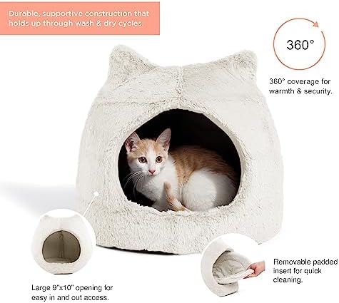 Best Friends by Sheri Meow Hut Fur Dome Pet Bed – Covered Cat Cave for Cats & Small Dogs up to 15 lbs, Faux Fur Hideaway with Water-Resistant Bottom, Machine Washable, Ivory