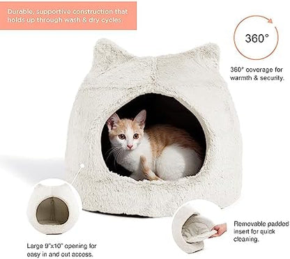 Best Friends by Sheri Meow Hut Fur Dome Pet Bed – Covered Cat Cave for Cats & Small Dogs up to 15 lbs, Faux Fur Hideaway with Water-Resistant Bottom, Machine Washable, Ivory