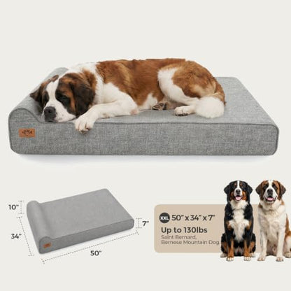 Sytopia 7" Thick Orthopedic Dog Beds for Extra Large Dogs (50" x 34" x 7"), Chew Proof Fabric Cover, 35D Memory Foam Dog Beds with Durable Waterproof Liner & Removable Washable Cover, Grey