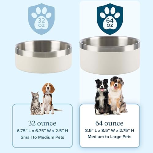Set of 2 Stainless Steel Dog Bowls - 64oz/8 Cups Double Wall Insulated Food and Water Bowls for Dogs and Cats, Non Slip Metal Pet Dishes for Medium-Large Pets, Puppy Essentials by PETMAKER (Cream)