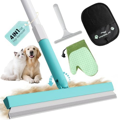 Carpet Rake for Pet Hair Removal Tool - 4 in 1 Pet Hair Remover Kit for Dog Cat Fur Remover, Contain 60" Adjustable Rubber Broom, Glove, Magic Brush and Scraper for Furniture (Blue)