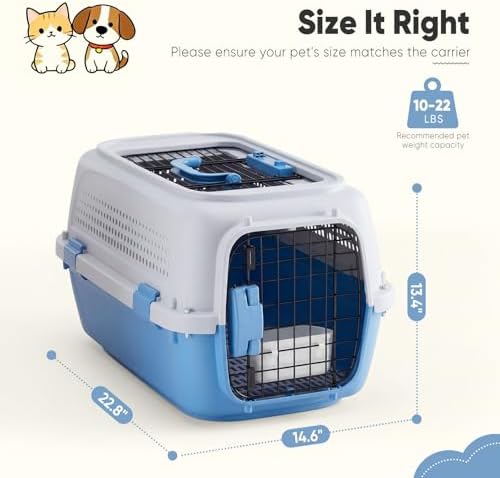 DUMOS 23" Hard-Sided Pet Carrier for Small Pets, 2 Door Cat Carrier, Blue