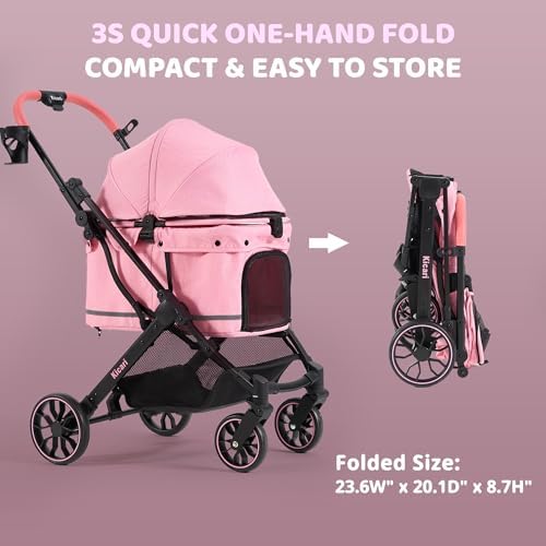 All-Terrain Dog Stroller for Small to Medium Dogs, Pet Stroller for Dogs & Cats Outdoor Walks, One-Hand Easy Fold, Double-Layer Anti-UV & Waterproof Canopy & Breathable Mesh, Sakura Pink
