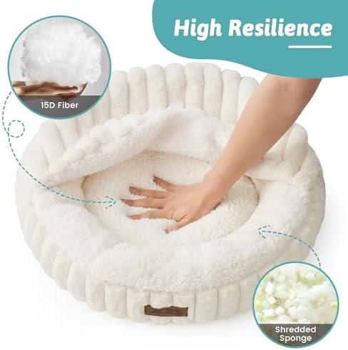 COZY KISS Hooded Blanket Cat Bed – 20"x20" Round Fluffy Donut Cuddler for Cats & Toy Dogs, Anti-Anxiety Faux Fur Pet Bed, Machine Washable with Non-Slip Bottom, Cream