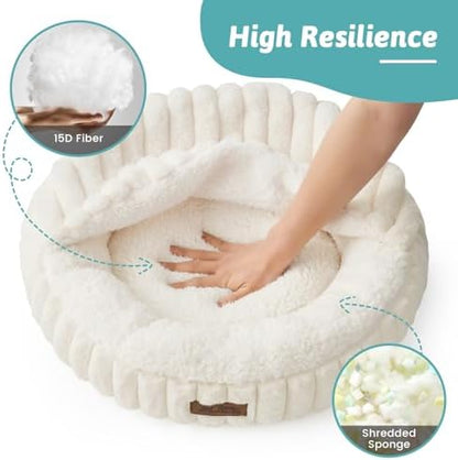 COZY KISS Hooded Blanket Cat Bed – 20"x20" Round Fluffy Donut Cuddler for Cats & Toy Dogs, Anti-Anxiety Faux Fur Pet Bed, Machine Washable with Non-Slip Bottom, Cream